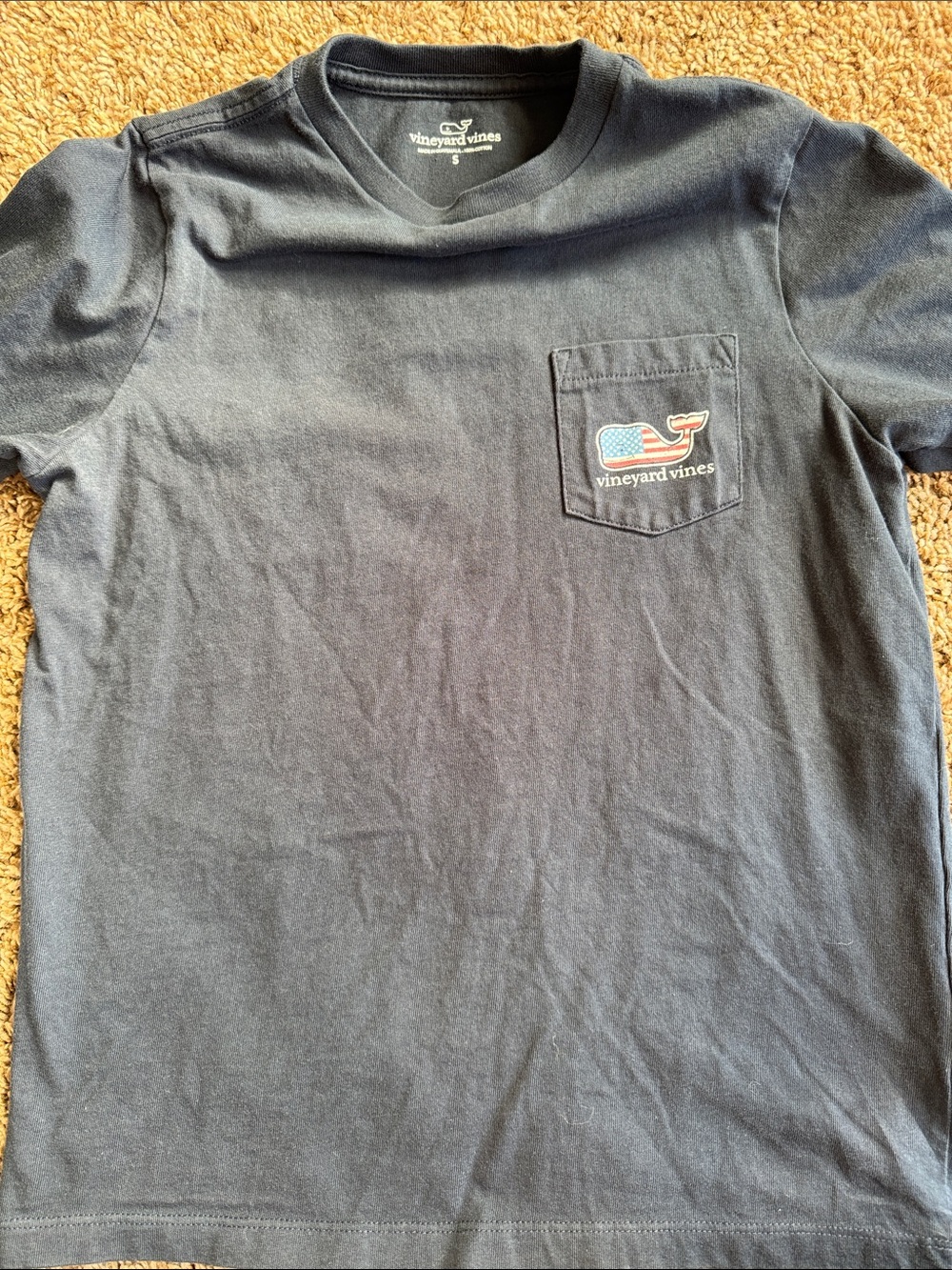 Vineyard Vines Navy Short Sleeve Pocket Tee with Flag Whale Patch